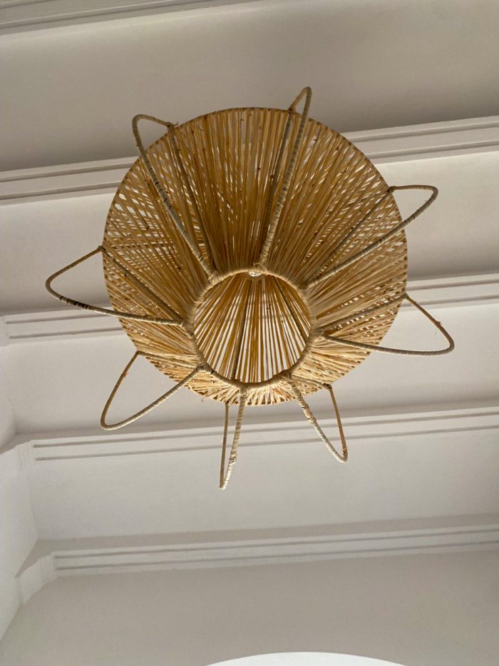 Diamond raffia pendant light with sculptural handwoven cage design
