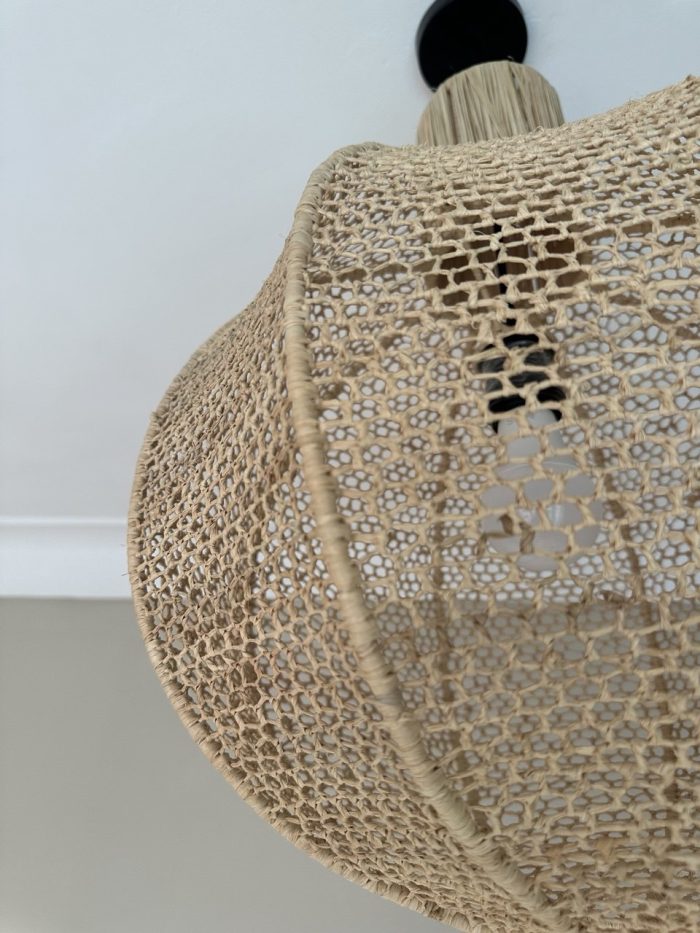 Round raffia pendant light handmade in Morocco with woven globe shape