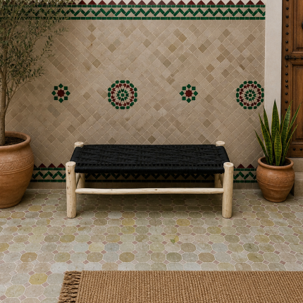 Black Cord Bench Handmade Solid Wood Woven Moroccan Entryway Bench