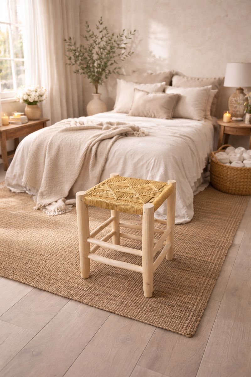 ChatGPT Image 11 janv. 2026, 21_45_26 Small Handmade Moroccan Wooden Stool with Yellow Rope - Boho Accent - Image 1