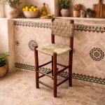 Moroccan Bar Stool with Palm Leaf Rope - Handmade Laurel Wood