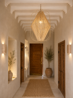 Diamond raffia pendant light with sculptural handwoven cage design