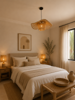 Sculptural raffia pendant light with open radial flared shade