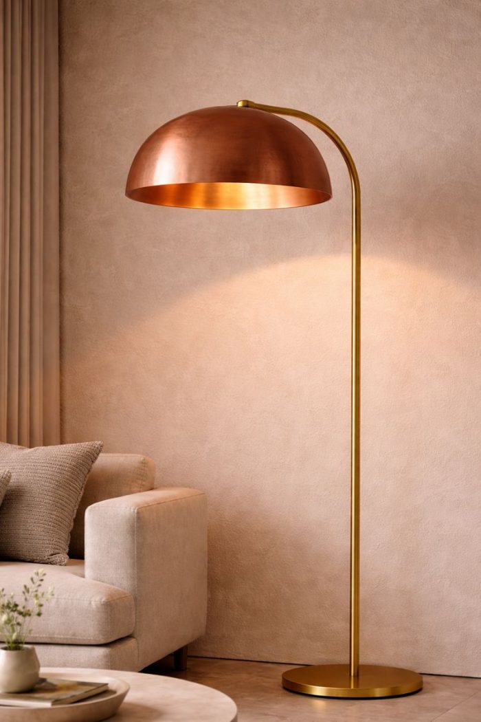 Copper Dome Floor Lamp with Brass Stem – Modern Arc Standing Lamp - Image 2