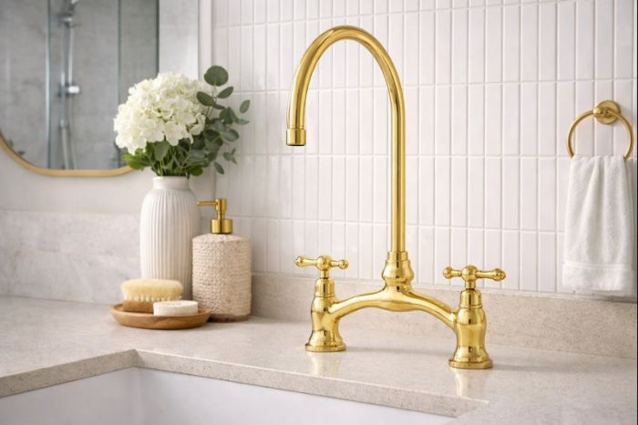 Luxury Gold Sink Faucet – Classic Bridge Style with Crosshead Handles - Image 3