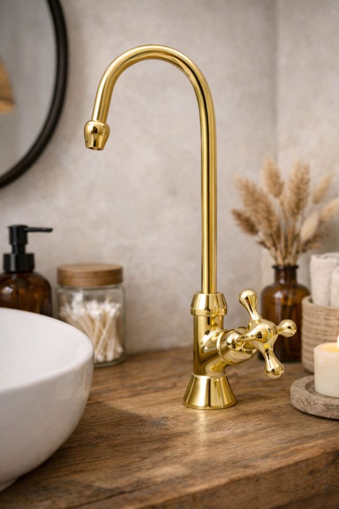 Vintage Polished Brass Bathroom Faucet – Cross Handle Gooseneck Tap - Image 2
