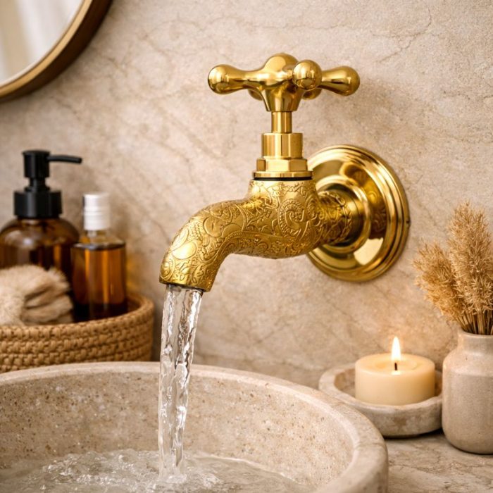 Engraved Brass Wall-Mounted Faucet – Vintage Cross Handle Tap - Image 2