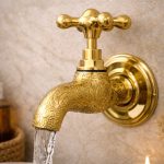 Engraved Brass Wall-Mounted Faucet – Vintage Cross Handle Tap - Image 3