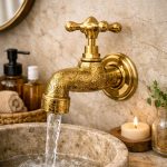 Ornate Engraved Brass Wall Faucet – Vintage Cross Handle Tap