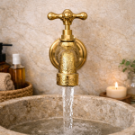 Ornate Engraved Brass Wall Faucet – Vintage Cross Handle Tap - Image 3