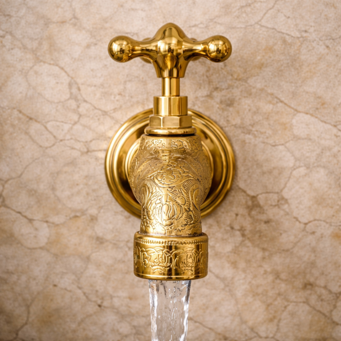 Ornate Engraved Brass Wall Faucet – Vintage Cross Handle Tap - Image 2
