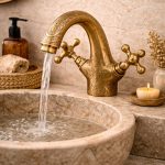 Engraved Brass Bathroom Faucet – Dual Cross Handles, Vintage Deck-Mount Tap