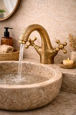 Engraved Brass Bathroom Faucet – Dual Cross Handles, Vintage Deck-Mount Tap