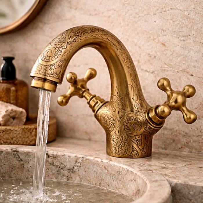 Engraved Brass Bathroom Faucet – Dual Cross Handles, Vintage Deck-Mount Tap - Image 2