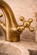 Engraved Brass Bathroom Faucet – Dual Cross Handles, Vintage Deck-Mount Tap - Image 3