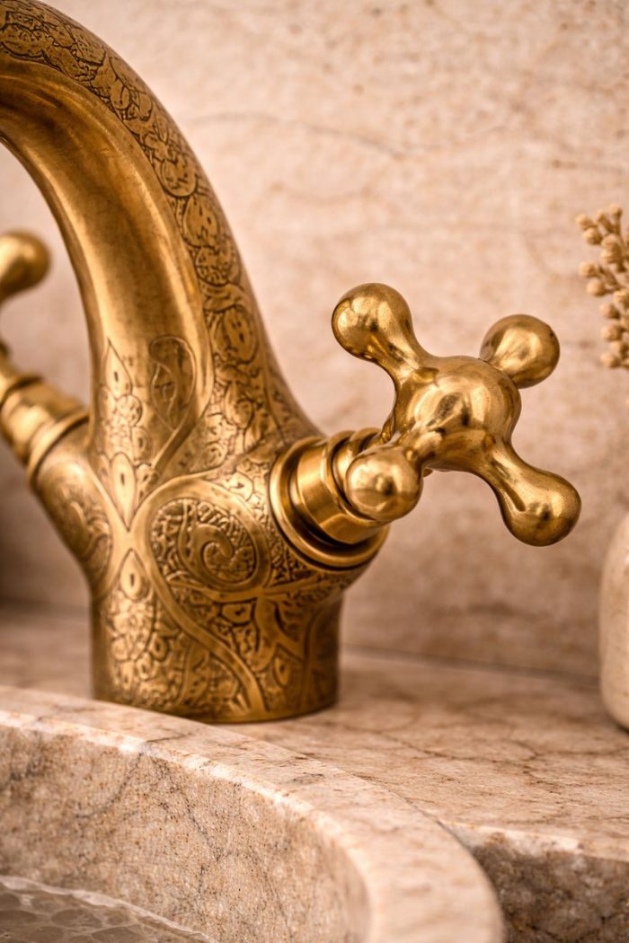 Engraved Brass Bathroom Faucet – Dual Cross Handles, Vintage Deck-Mount Tap - Image 3