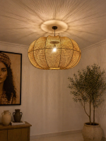 Handmade wavy raffia pendant light with ribbed pumpkin shape