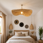Sculptural raffia pendant light with handmade folded petal shade