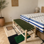 Green Rope Moroccan Bench handcrafted from solid eucalyptus wood with a handwoven green rope seat