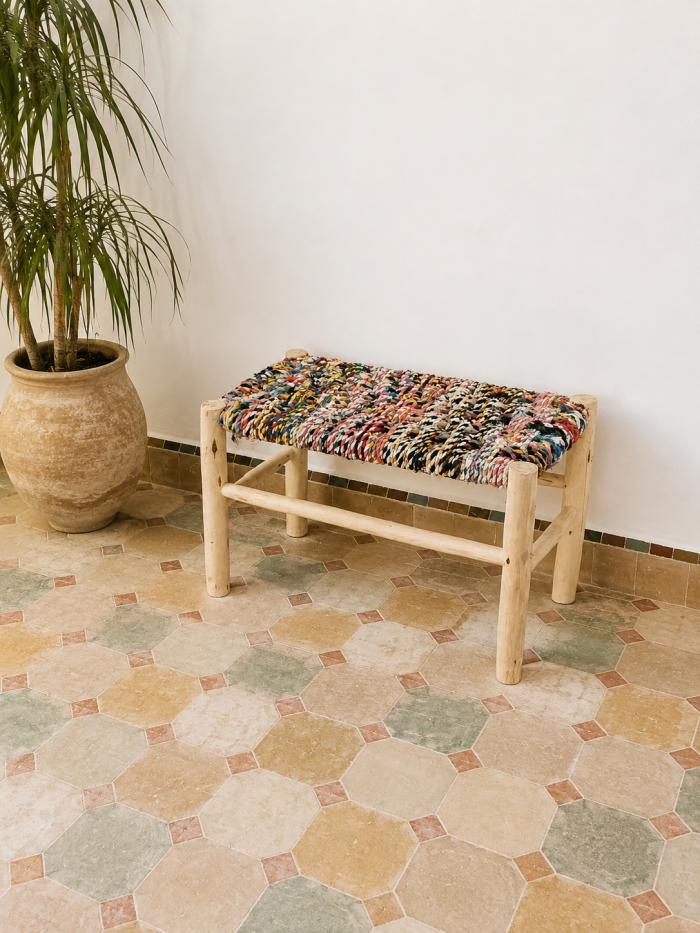 Boucherouite Bench handcrafted from solid wood with a colorful handwoven Moroccan seat