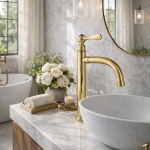 Polished Brass Bathroom Faucet – Vintage Single-Handle Sink Tap with Curved Spout