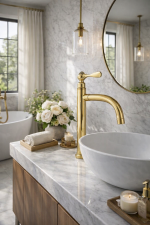 Polished Brass Bathroom Faucet – Vintage Single-Handle Sink Tap with Curved Spout