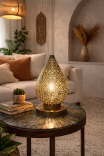 Moroccan Pierced Brass Table Lamp – Teardrop Shape
