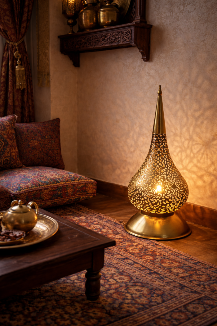 Moroccan Brass Floor Lamps – Pair of Hand-Pierced Teardrop Lanterns for Entryway & Hallway - Image 3