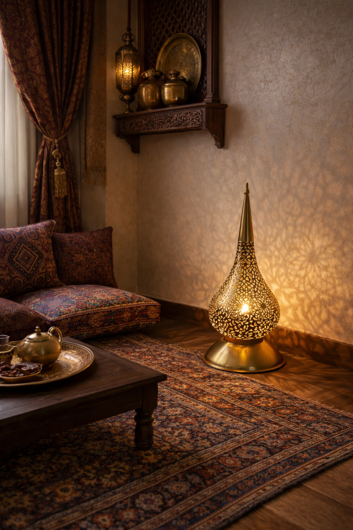 Moroccan Brass Floor Lamps – Pair of Hand-Pierced Teardrop Lanterns for Entryway & Hallway - Image 5
