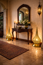 Moroccan Brass Floor Lamps – Pair of Hand-Pierced Teardrop Lanterns for Entryway & Hallway - Image 2