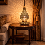 Moroccan Brass Table Lamp – Hand-Pierced Base Detail with Warm Ambient Glow