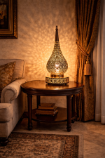 Moroccan Brass Table Lamp – Hand-Pierced Base Detail with Warm Ambient Glow