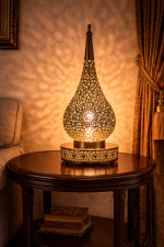 Moroccan Brass Table Lamp – Hand-Pierced Base Detail with Warm Ambient Glow - Image 2