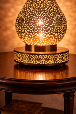 Moroccan Brass Table Lamp – Hand-Pierced Base Detail with Warm Ambient Glow - Image 3