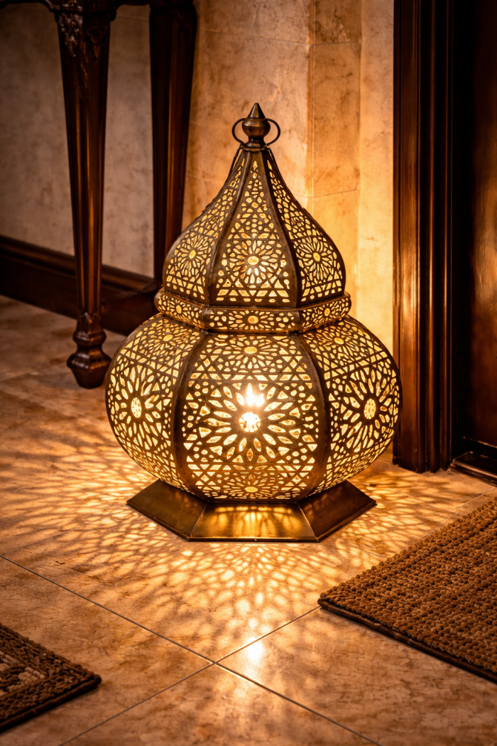 Moroccan Brass Floor Lantern – Hand-Pierced Base Detail for Entryway & Living Spaces - Image 4