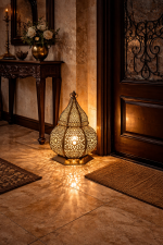 Moroccan Brass Floor Lantern – Hand-Pierced Base Detail for Entryway & Living Spaces - Image 3