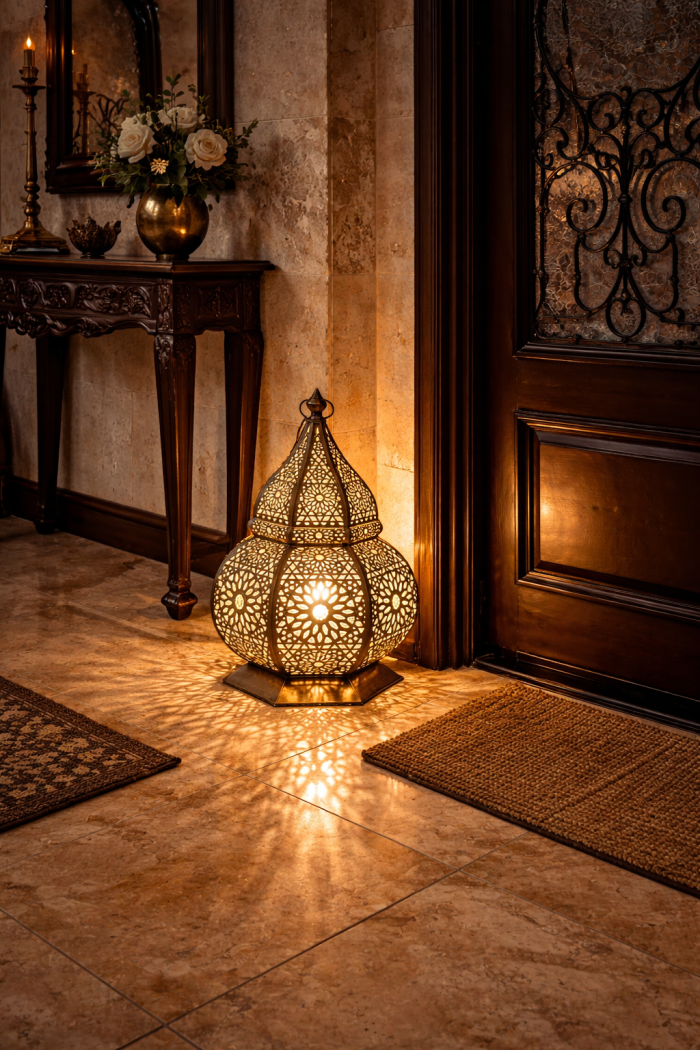 Moroccan Brass Floor Lantern – Hand-Pierced Base Detail for Entryway & Living Spaces - Image 3