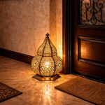 Moroccan Brass Floor Lantern – Hand-Pierced Base Detail for Entryway & Living Spaces