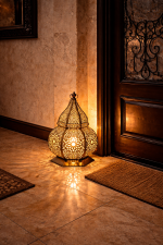 Moroccan Brass Floor Lantern – Hand-Pierced Base Detail for Entryway & Living Spaces