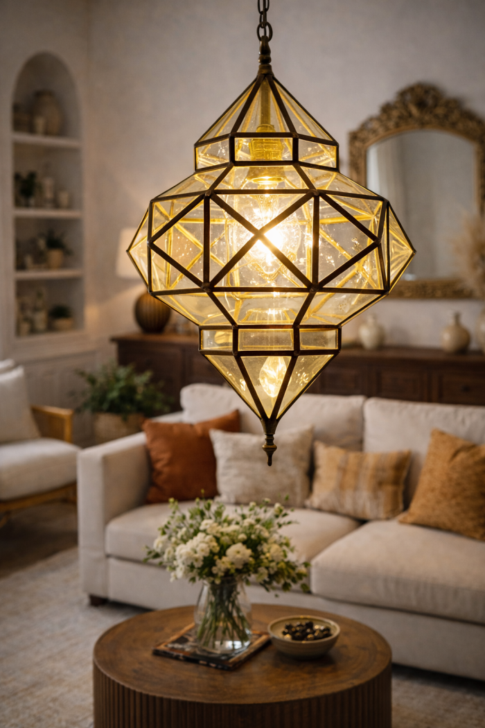 Geometric Moroccan Pendant Lamp – Glass & Metal Ceiling Light - Image 3
