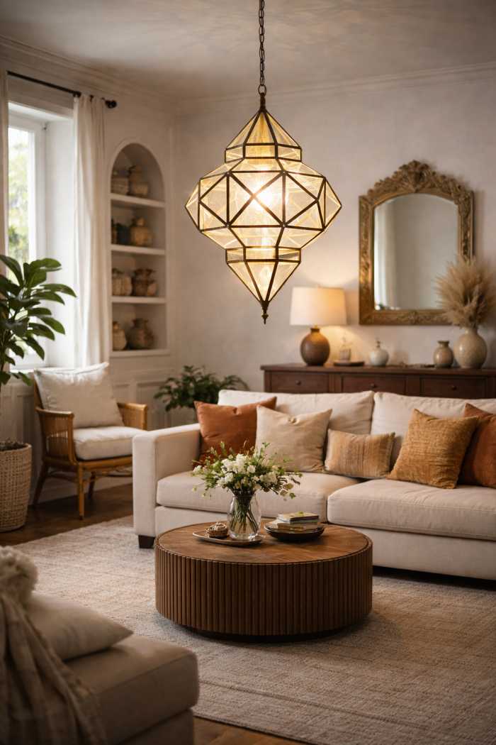 Geometric Moroccan Pendant Lamp – Glass & Metal Ceiling Light - Image 2