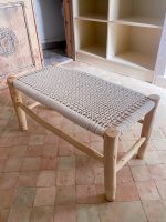 White Cord Moroccan Bench handcrafted from solid eucalyptus wood with a handwoven white cord seat