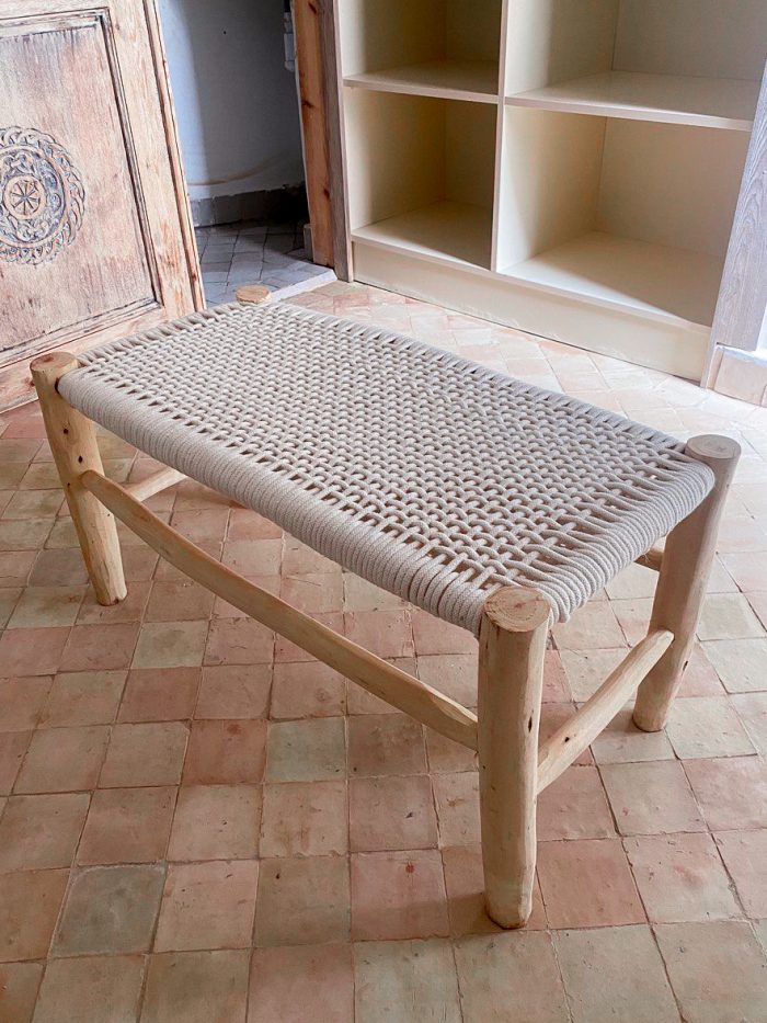 White Cord Moroccan Bench handcrafted from solid eucalyptus wood with a handwoven white cord seat