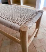White Cord Moroccan Bench handcrafted from solid eucalyptus wood with a handwoven white cord seat