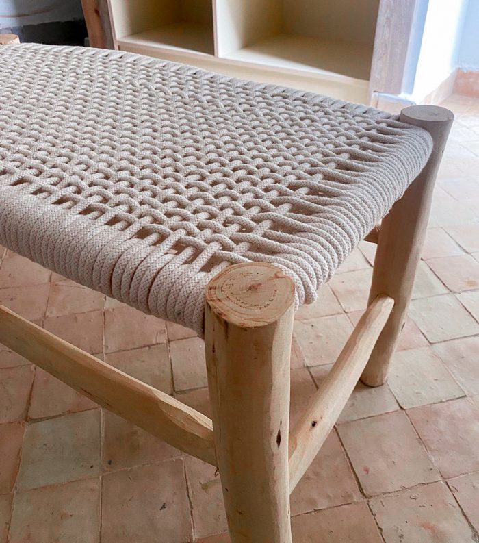 White Cord Moroccan Bench handcrafted from solid eucalyptus wood with a handwoven white cord seat