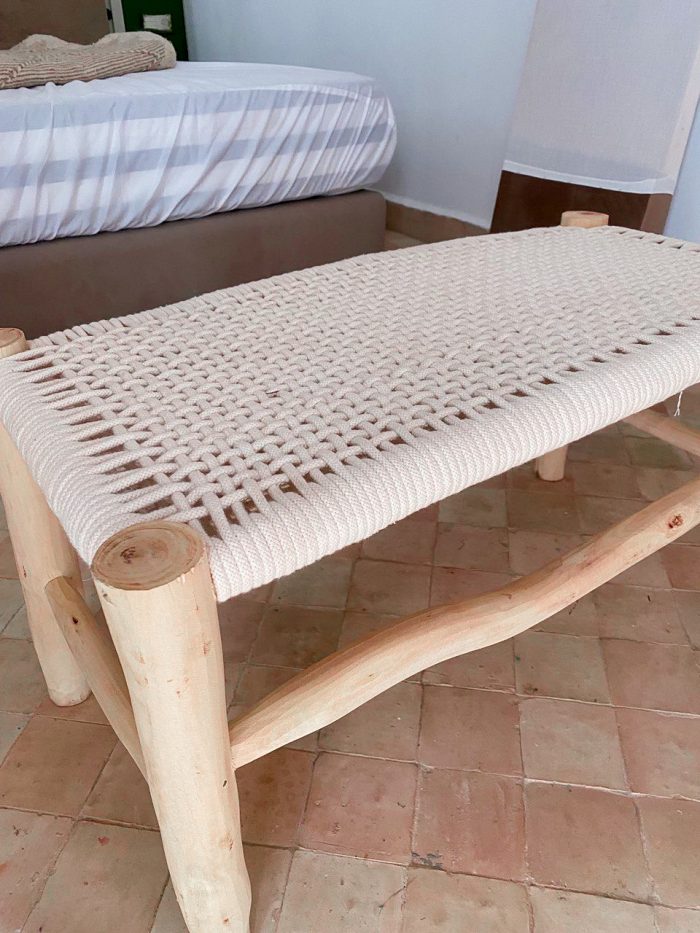 White Cord Moroccan Bench handcrafted from solid eucalyptus wood with a handwoven white cord seat