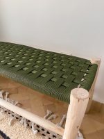 Green Rope Moroccan Bench handcrafted from solid eucalyptus wood with a handwoven green rope seat