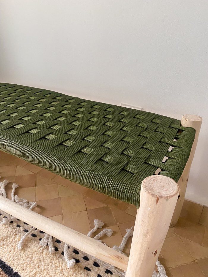 Green Rope Moroccan Bench handcrafted from solid eucalyptus wood with a handwoven green rope seat