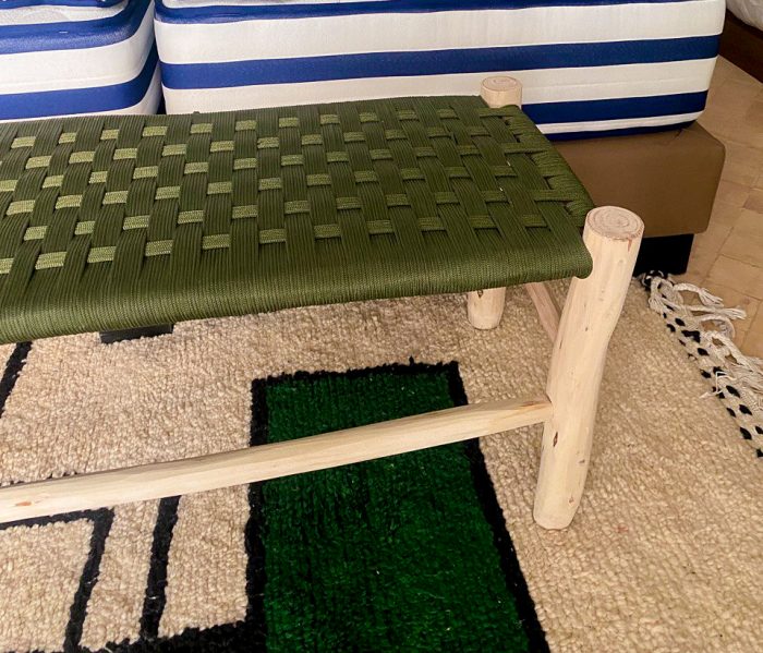 Green Rope Moroccan Bench handcrafted from solid eucalyptus wood with a handwoven green rope seat