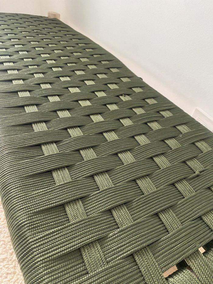 Green Rope Moroccan Bench handcrafted from solid eucalyptus wood with a handwoven green rope seat